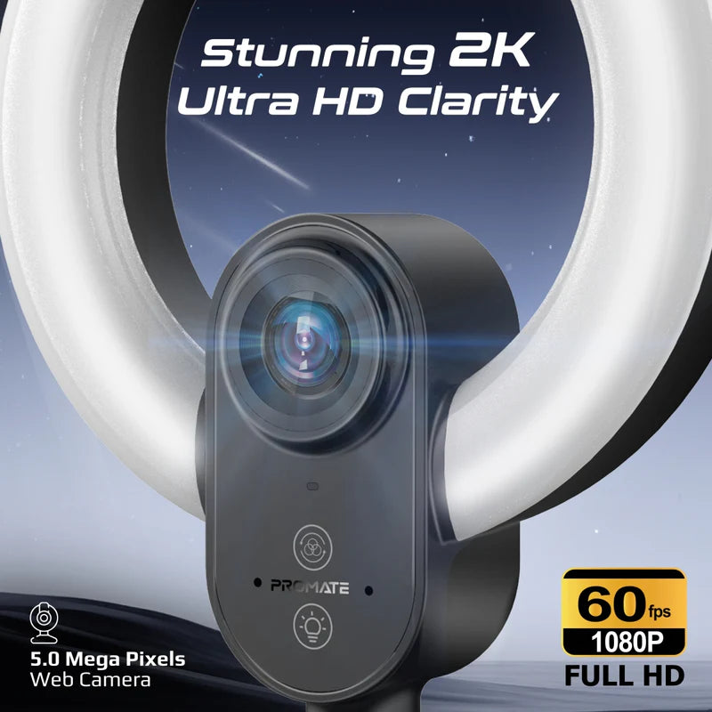 PROMATE 2K ULTRA HD WEBCAM+MIC RING LIGHT