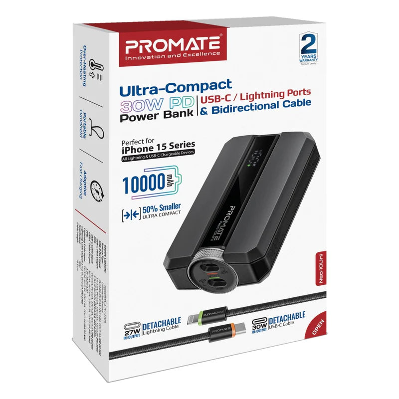 PROMATE COMPACT 30W PD 10 000MAH BLK