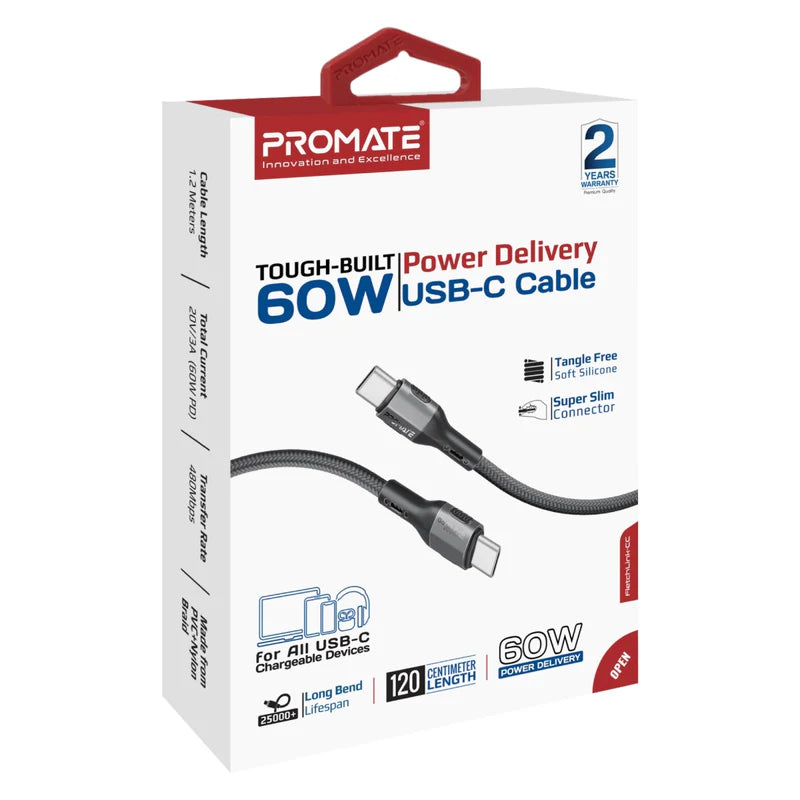 Promate 60W 1.2M Usb-C to Usb-C CABLE