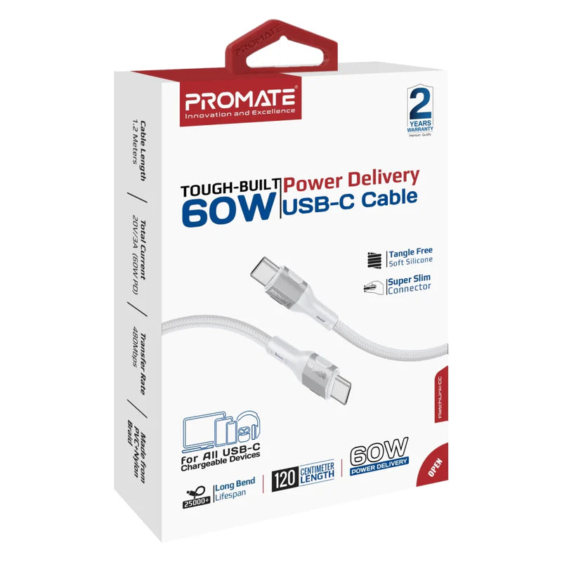 Promate 60W 1.2M Usb-C to Usb-C CABLE