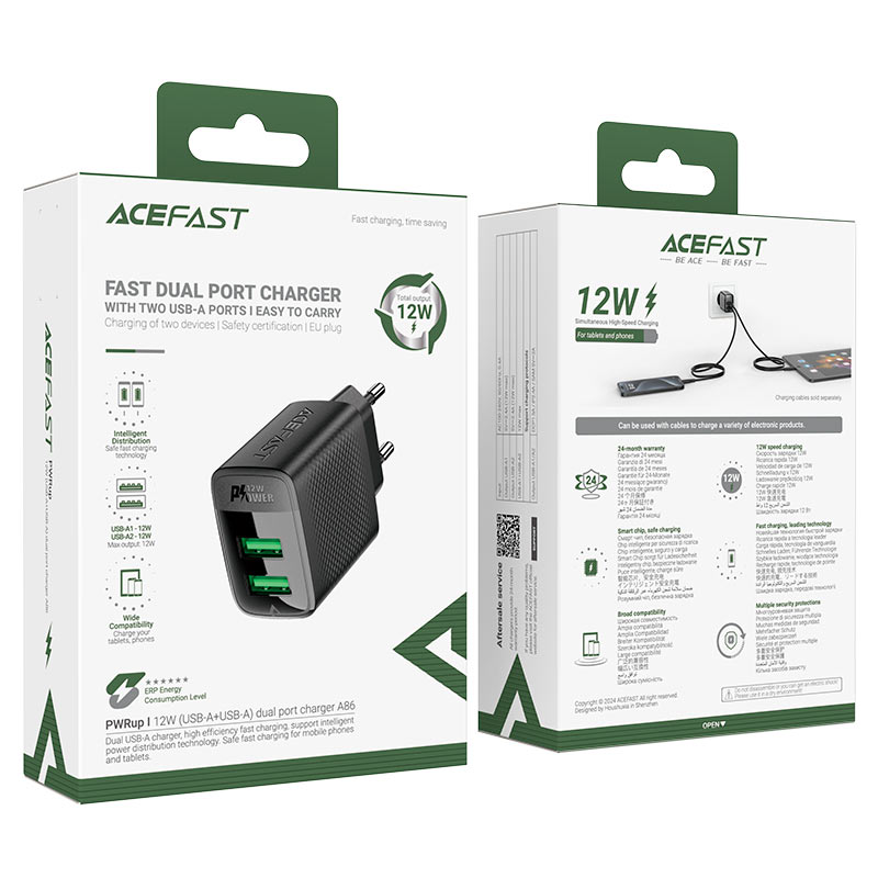 ACEFAST DUAL PORT CHARGER 12W BLK