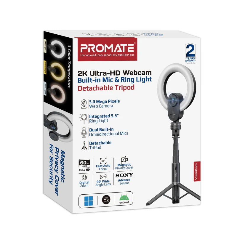 PROMATE 2K ULTRA HD WEBCAM+MIC RING LIGHT