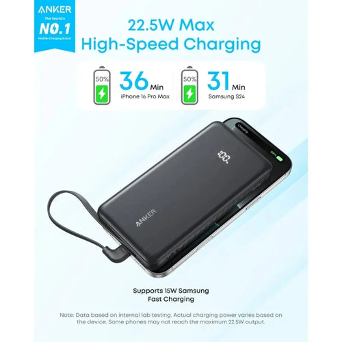 Anker Zolo 10000mAh 22.5W Fast Charging Power Bank with Built-in USB-C Cable