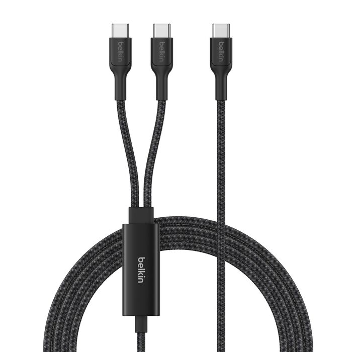 Braided USB-C to Dual USB-C Cable 140W, Black, 5ft/1.5m