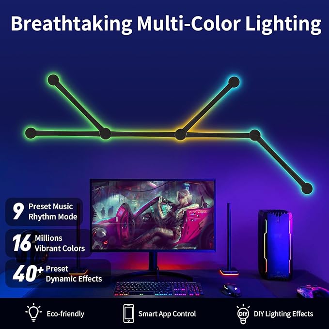 Smart Wall Light Lines, WiFi RGB LED Bars, 16M+ Color Dimmable Music Sync DIY Home Decor For Gaming Party Streaming Lovers, Compatible With Alexa & Google Assistant (6 Lines, Black)