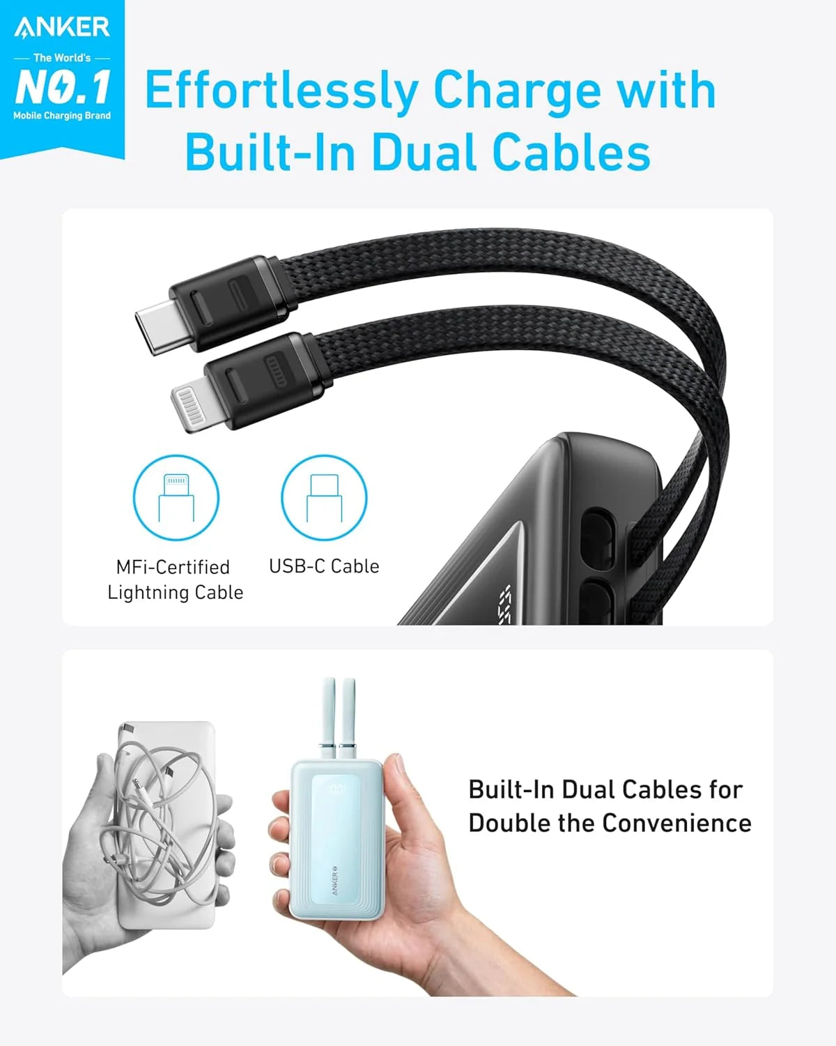 Anker Zolo Power Bank (10K, Built-In USB-C and Lightning Cable)