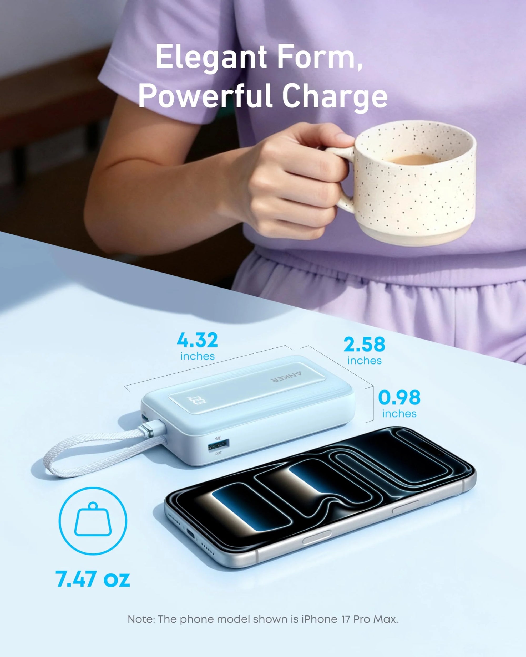 Anker Zolo Power Bank (10K, 30W) with a 5.4-inch (13.7 cm) built-in USB-C cable