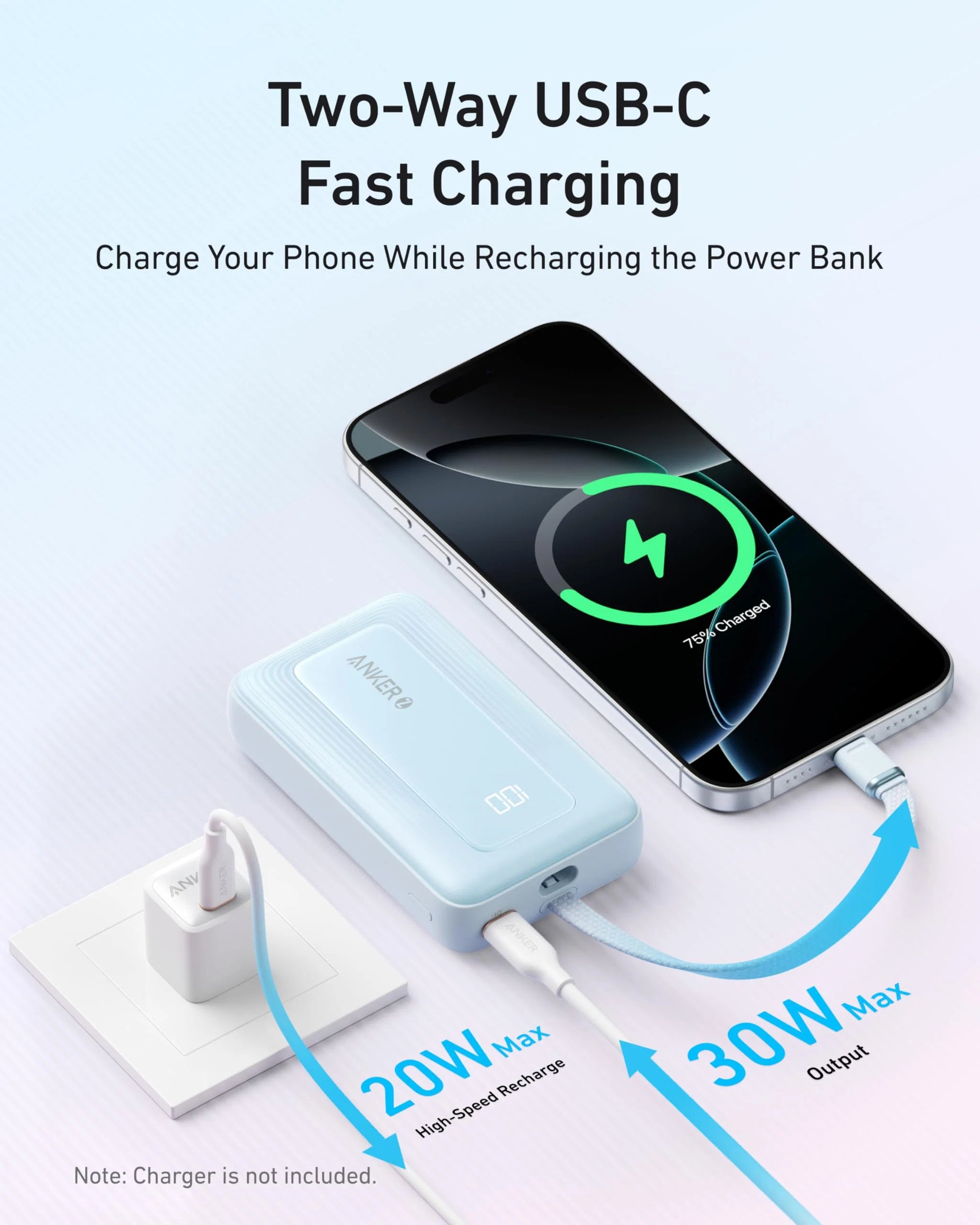 Anker Zolo Power Bank (10K, 30W) with a 5.4-inch (13.7 cm) built-in USB-C cable