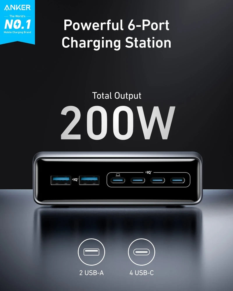Anker Prime 200W GaN Desktop Charger - 6 Ports (4 USB-C, 2 USB-A)