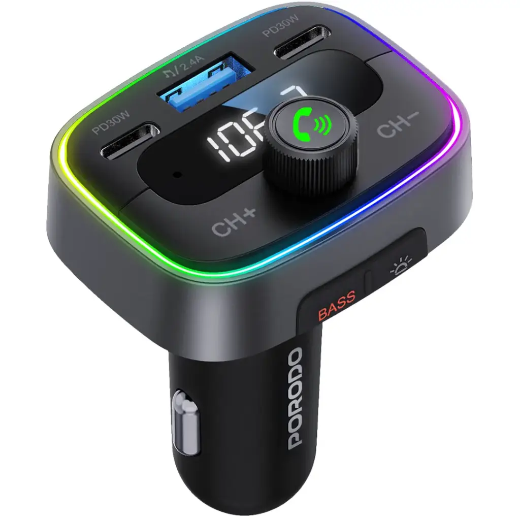 Porodo Smart Car Charger FM Transmitter - Black