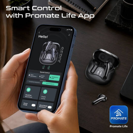 Promate Serix Hybrid ANC True Wireless Earbuds, 6-Mic ENC