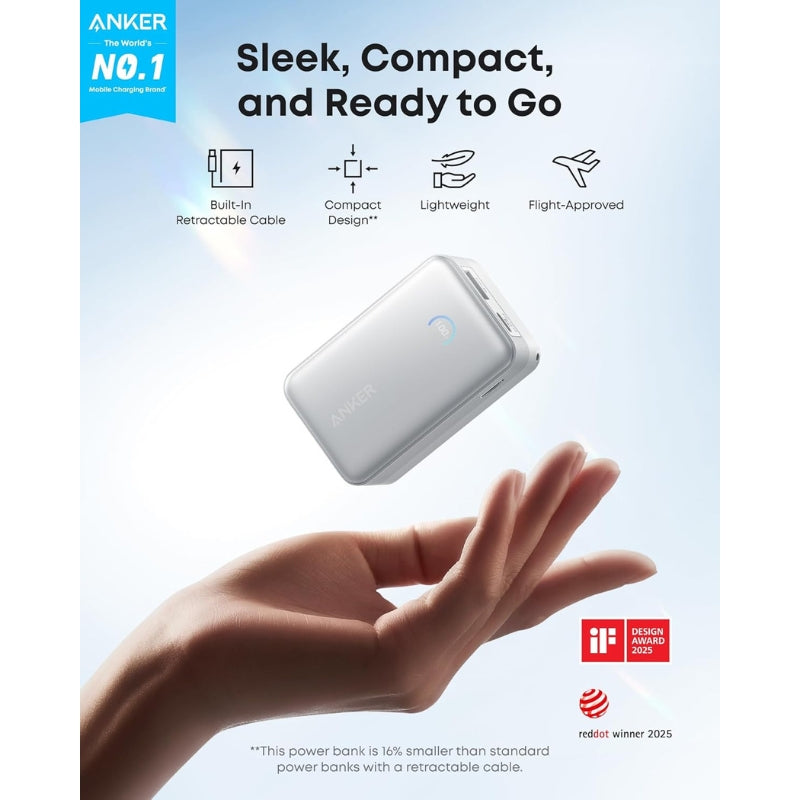 Nano Power Bank (10K, 45W, Built-In Retractable USB-C Cable)