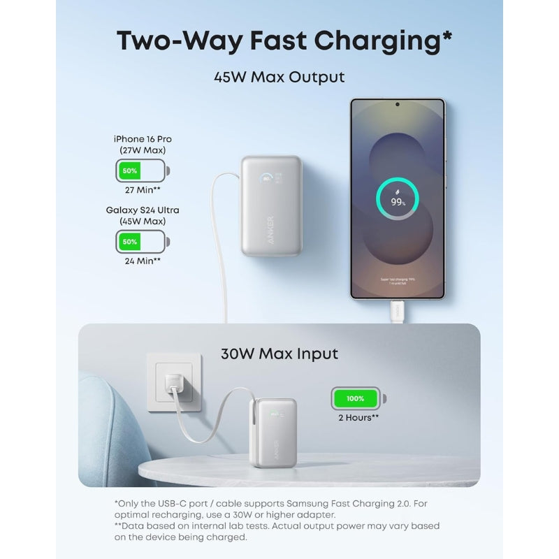 Nano Power Bank (10K, 45W, Built-In Retractable USB-C Cable)