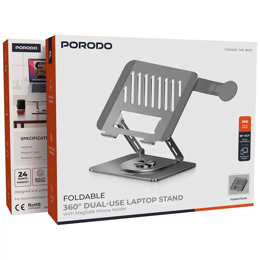 Porodo Foldable 360° Dual-Use Laptop Stand with MagSafe Phone Holder - Gray