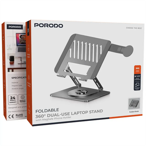 Porodo Foldable 360° Dual-Use Laptop Stand with MagSafe Phone Holder - Gray